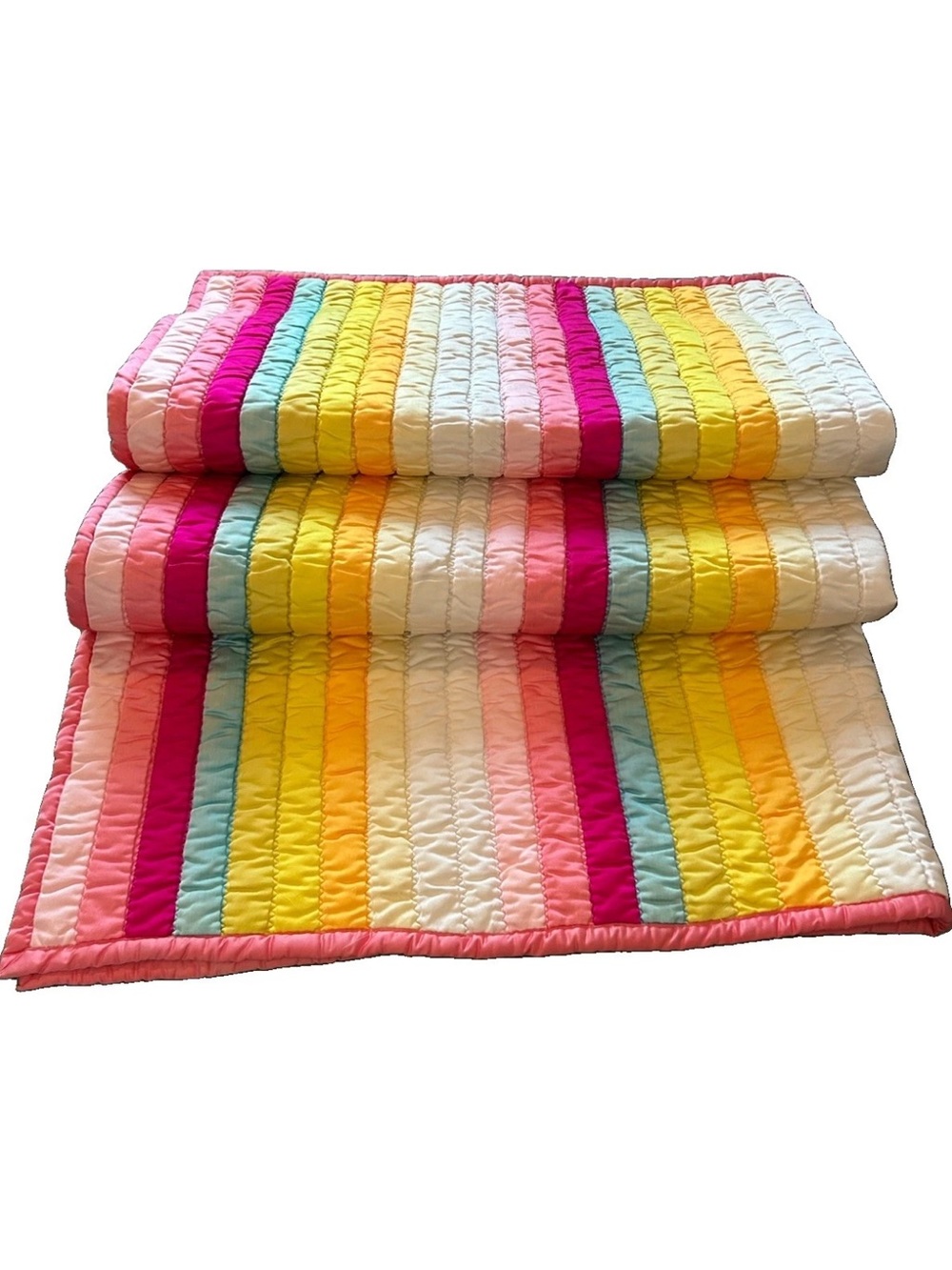 Vintage 70s Rainbow Satin Quilt Twin Bedspread Retro Striped Boho Hippie